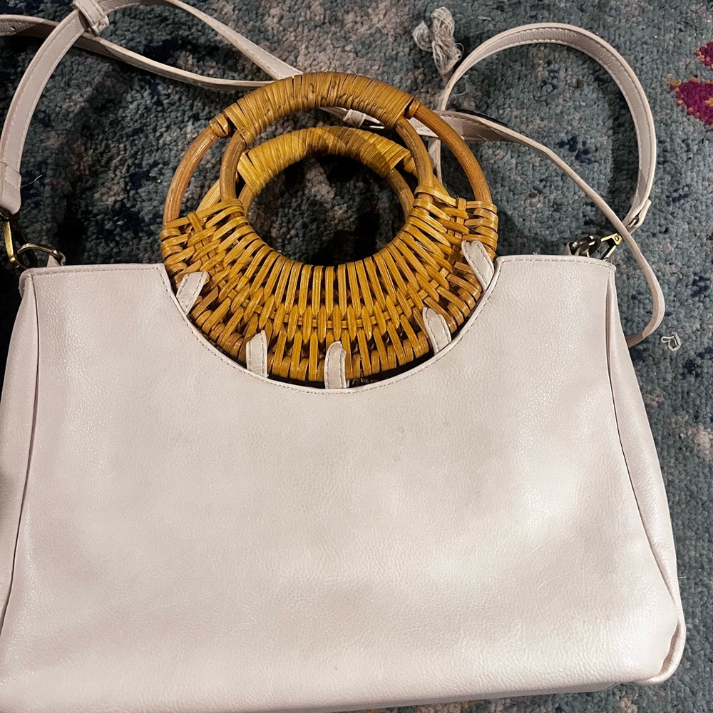 Elegant White Leather Bag with Bamboo Handles